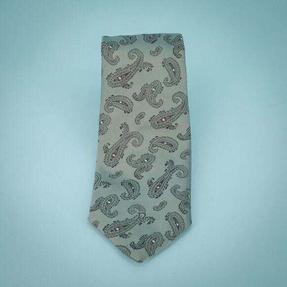 Christian Dior Designer Silk Blend Gray Black Paisley Print 3.5 Inch Tie Necktie